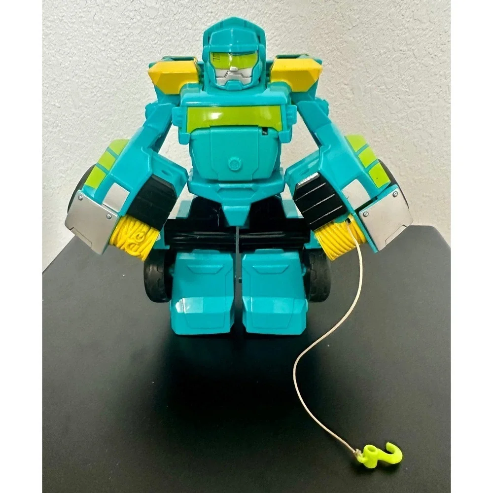 Transforming Robot Tow Truck Action Figure Teal Yellow Kids Toy Pull Cord